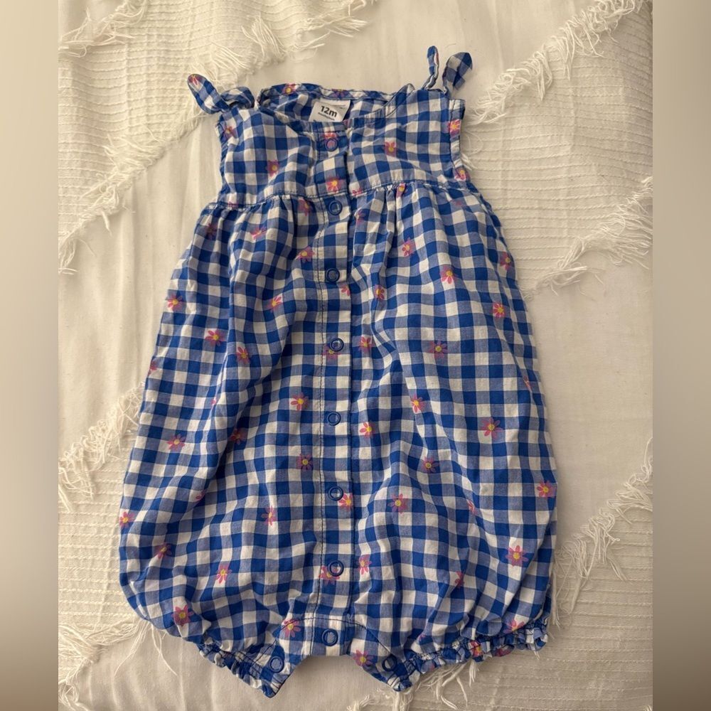 Carter's Blue and White Plaid Romper with Floral Accents